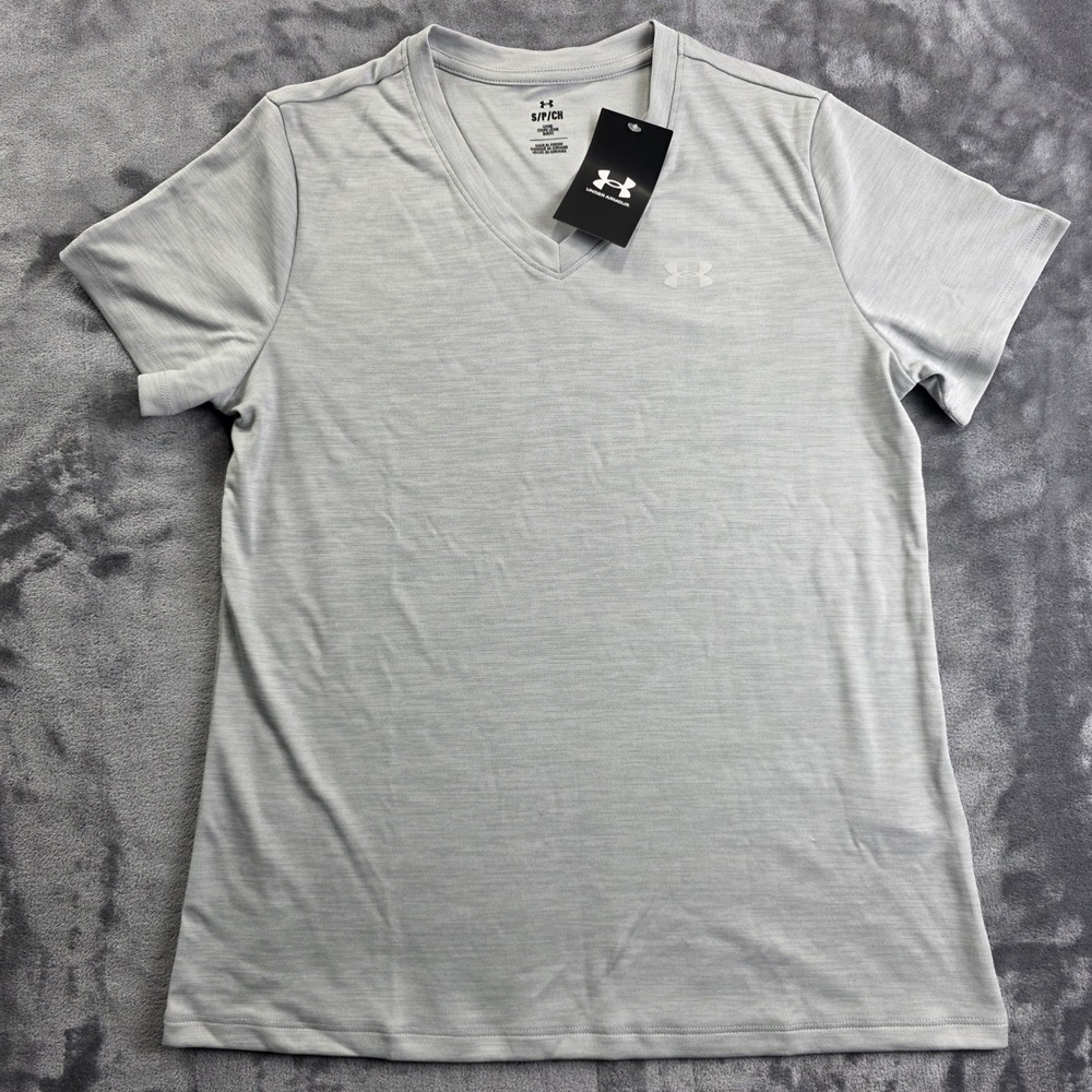 Under Armour T-Shirt Women Small Gray V-Neck‎ Short Sleeve Activewear 1384235